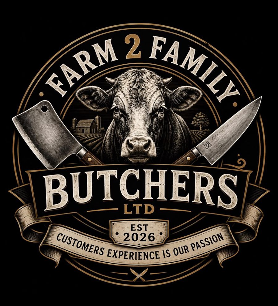 Farm 2 Family Butchers Ltd logo — a cow between a cleaver and a butcher's knife, established 2026